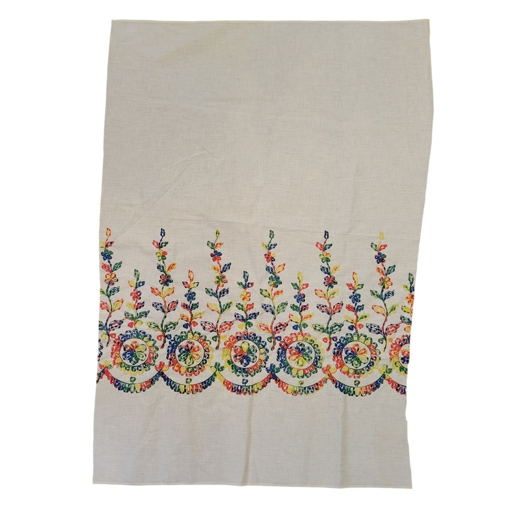 44x28.5" Fabric Remnant Cream Floral Embroidered Linen Folk Art Vintage Boho